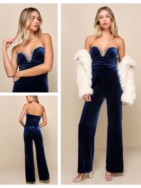 Lulu’s Fabulous Instinct Dark Blue Velvet Pearl Strapless Jumpsuit Sz: M